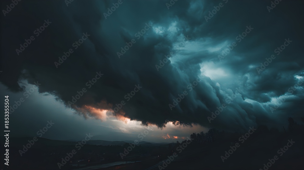 Obraz premium Intense thunderstorm clouds gathering menacingly over a dark landscape with hints of orange light