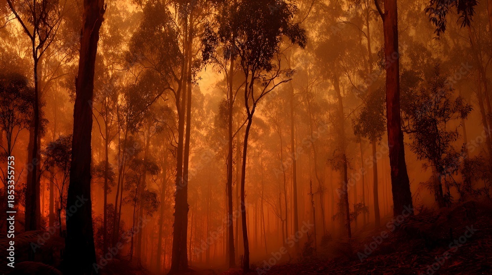 Fototapeta premium Fiery orange smoke haze blankets tall forest trees, creating a dramatic and ominous atmosphere