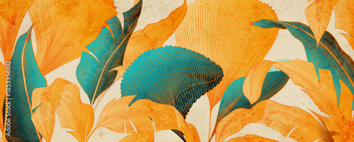 Abstract tropical art background with exotic plant leaves in amber and turquoise. A botanical banner in a linear style for decor, wallpaper, textiles, posters, packaging, and interior design.