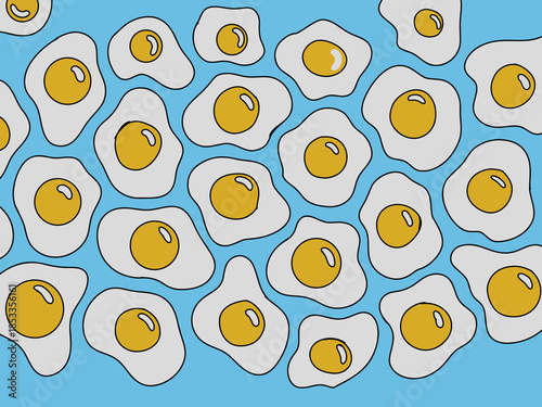 Hand Drawn Fried Egg Seamless Pattern on Blue Sky Background