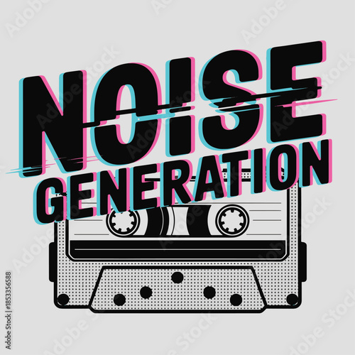 Black and white illustration of a cassette tape with bold, stylized text reading 'Noise Generation' in a vibrant, neon-colored typography against a light gray background.