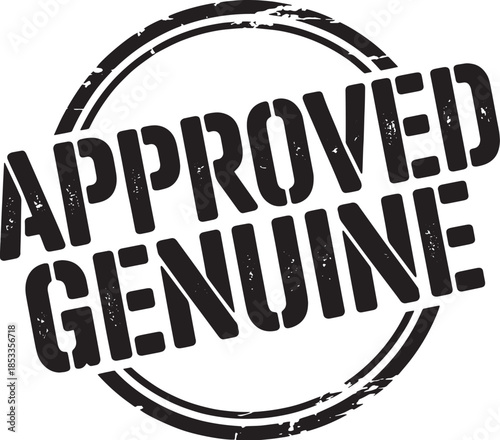 Close-up of a black 'APPROVED GENUINE' stamp with typography on a white background, featuring a circular border with a distressed texture.