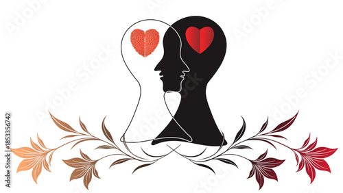 Emotional intelligence, mental health or wellbeing concept. Good mental hygiene with heart shape, brain and profile face outline.