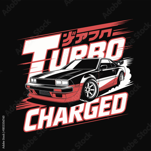 Graphic design of a black and red sports car with 'Turbo Charged' typography in bold white and red letters on a black background.