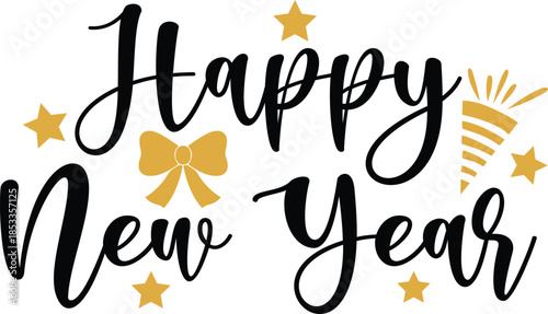 Happy New Year text typography phrase design for T-shirts and apparel on plain white transparent isolated background for shirt, hoodie, sweatshirt, card, tag, mug, icon, poster or badge