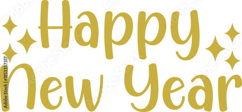 Happy New Year text typography phrase design for T-shirts and apparel on plain white transparent isolated background for shirt, hoodie, sweatshirt, card, tag, mug, icon, poster or badge