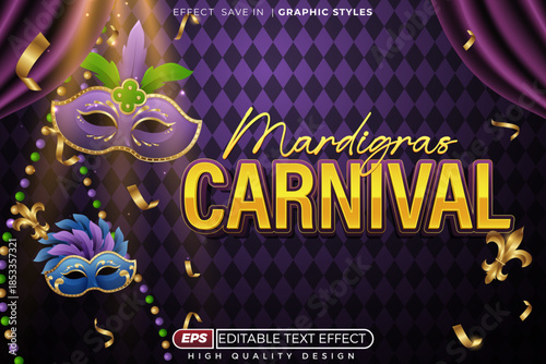 Editable 3d text effect mardi gras carnival with gold color for poster and banner template design