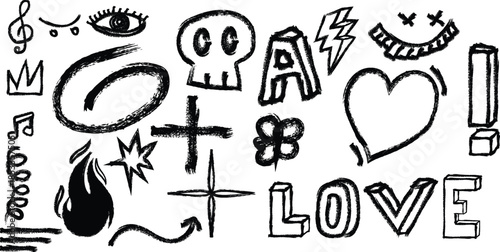 A collection of various tattoo style symbols and doodles on a white background