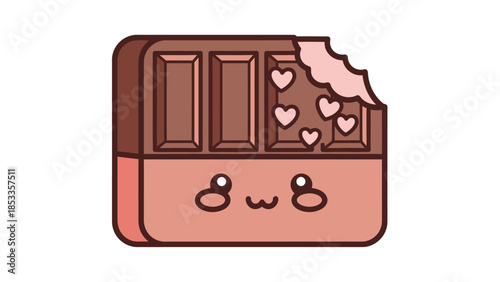 Cute cartoon chocolate bar with hearts and a bite taken out, on a white background.