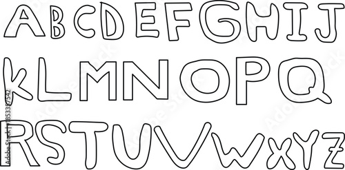 Alphabet letters in a childlike outlined font style for kids learning