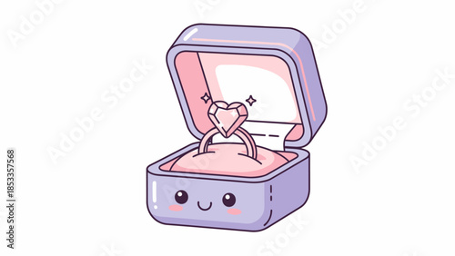 Cute cartoon engagement ring with heart-shaped diamond in an open box with a smiling face.