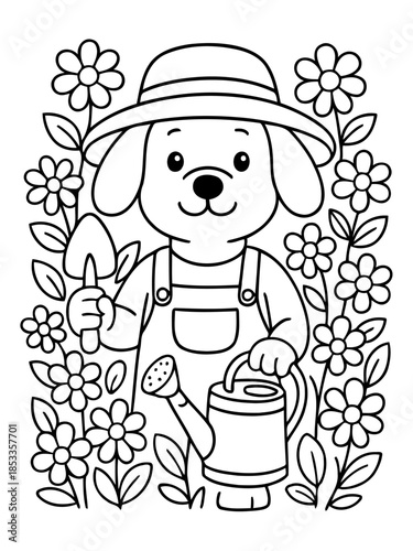 Puppy's Garden Adventure: A charming puppy, equipped with a shovel and watering can, tends to a vibrant garden filled with blooming flowers, embarking on a delightful gardening journey.
