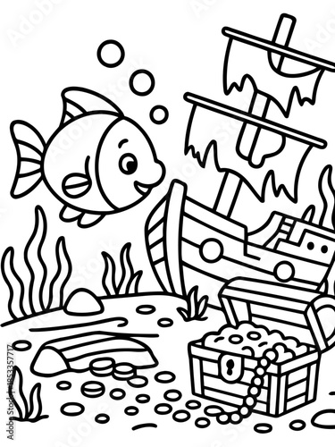 Underwater Cartoon: A charming cartoon depicts a fish exploring the remains of a shipwreck near a treasure chest.
