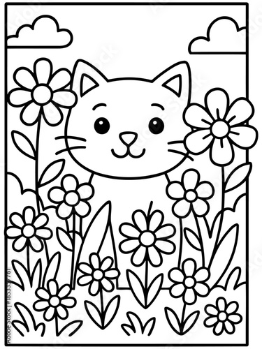 Playful Kitty in Floral Wonderland: A charming feline peers out from a vibrant garden of blooming flowers and fluffy clouds, evoking a sense of innocence and joy.