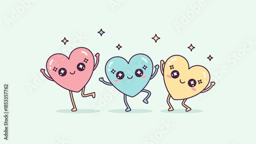Cute cartoon hearts dancing happily with sparkling stars, representing love and joy.