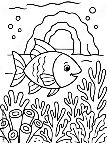 Underwater Scene: A captivating black and white line art depicting a cheerful fish swimming gracefully amidst vibrant coral reefs, creating a serene underwater landscape.