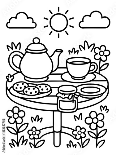 Tea Time Delight: An inviting scene unfolds with a charming tea table set amidst a sun-kissed garden, complete with a teapot, teacup, cookies, and other delicacies.