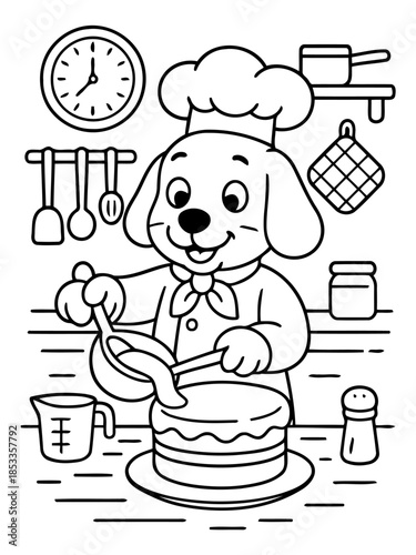 Canine Chef: A delightful illustration of a canine chef, meticulously pouring a delectable glaze over a freshly baked cake within a charming kitchen setting.