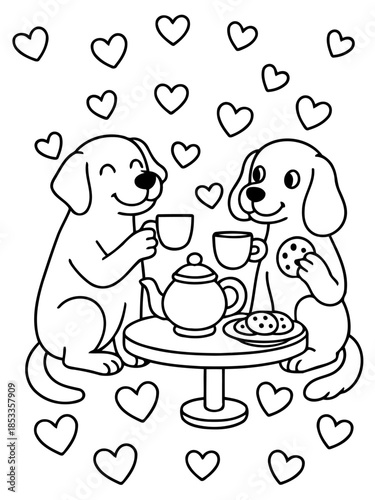 Puppy Love Tea Party: Two adorable puppies share a heartwarming moment, enjoying tea and cookies amidst a cascade of hearts, embodying the spirit of friendship and affection.