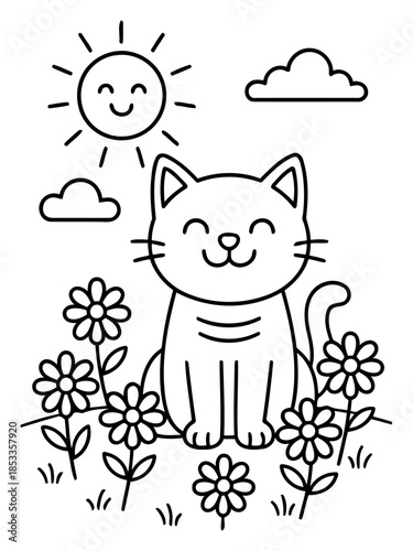 Smiling Cat in Garden: An endearing cartoon cat basking in the sun amidst a vibrant garden, embodies a feeling of contentment and joyful moments.