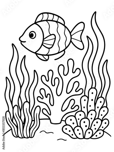 Underwater Wonderland Coloring Page: A charming illustration featuring a whimsical fish gracefully swimming amidst vibrant coral and seaweed.