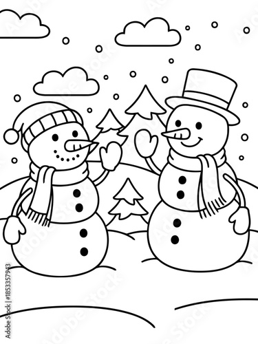 Winter Wonderland Snowmen's Greetings: Two cheerful snowmen in a wintry landscape, greeting with festive smiles, sharing a joyous moment amid the falling snow.