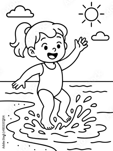 Joyful Child at Seaside: A cheerful young child, revels in the playful splash of water along the seaside, raising a hand in glee under the summer sun.