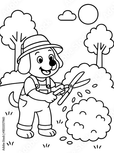 Gardening Pup: A cheerful puppy, wearing a straw hat and overalls, diligently trims a bush with large shears under a bright sun, showcasing the simple joy of outdoor activity.