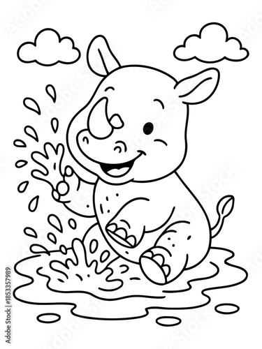 Playful Rhino in a Splash of Joy: A charming, outlined illustration portrays a delightful rhino cub gleefully splashing and playing in the water, exuding joy and mirth.