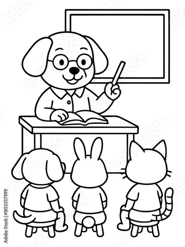 Cartoon animal teacher at class: An illustration depicts a friendly animal teacher in a classroom, leading a lesson for its attentive students. The scene radiates warmth and learning.