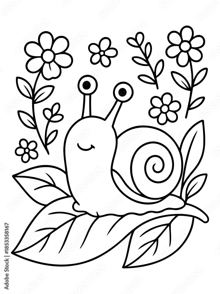 Fototapeta premium Cheerful Snail and Blossoms: A cheerful snail, with its endearing spiral shell, rests gently upon a leaf, surrounded by whimsical flowers and delicate sprigs.