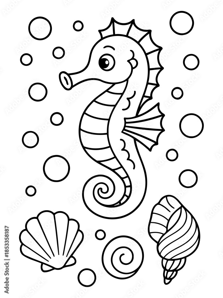 Fototapeta premium Ocean's Delight: A charming illustration featuring a seahorse, seashell and a swirl, showcasing the beauty and wonder of the ocean's depths.