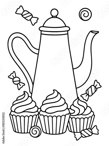 Sweet Temptation: A whimsical illustration showcases a charming coffee pot surrounded by delectable cupcakes and candy, evoking feelings of comfort and delight.
