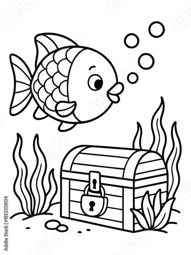 Cartoon Fish and Treasure Chest: A playful cartoon fish explores an underwater scene, bubbles rising above a locked treasure chest surrounded by aquatic plants, depicting a sense of wonder.