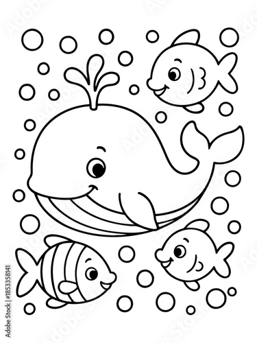 Friendly Sea Life: A heartwarming illustration of a gentle whale, and three adorable fishes swimming in a bubbly ocean.  This image is a perfect emblem for underwater exploration.