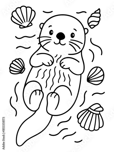 Sea Otter's Playful Dive: An adorable sea otter gracefully floats amidst the ocean currents. Surrounded by shells, creating a playful depiction