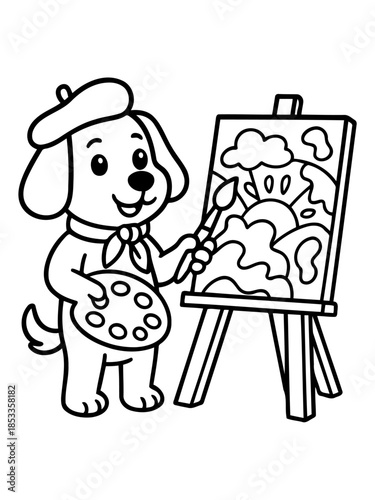 Artistic Canine: An adorable puppy, adorned with a beret, stands with paint and a paintbrush in hand, passionately crafting a vibrant painting on a wooden easel.