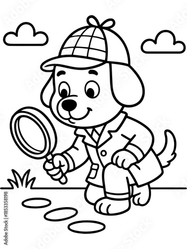 Detective Puppy's Case: An endearing cartoon puppy dons a detective hat and coat, meticulously examining footprints with a magnifying glass, ready to solve the mystery. 