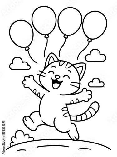 Joyful Feline Celebration: An animated and exuberant cat leaps for joy, accompanied by floating balloons. It's a playful illustration of happiness and celebration. 