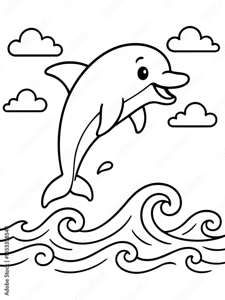 Obraz premium Joyful Dolphin's Leap: A delightful line drawing depicts a playful dolphin soaring above the ocean waves under a few fluffy clouds, creating a scene of marine delight. 