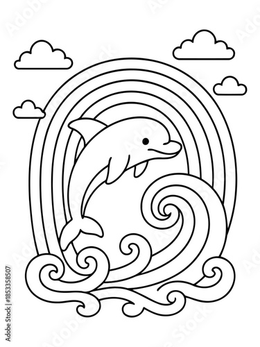 Playful Dolphin and Rainbow: A delightful, minimalist illustration showcases a leaping dolphin joyfully breaching the waves before a vibrant rainbow, evoking the playful spirit of the ocean.