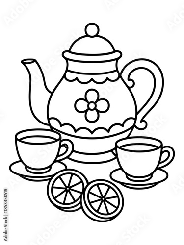 Tea Time Delight: A charming, outlined illustration showcases a classic tea set, inviting a moment of tranquility with a teapot, two teacups, and slices of lemon.