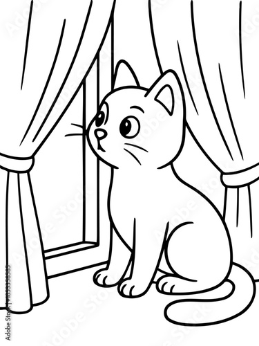 Curious Kitten at Window: An adorable kitten, perched gracefully by a window, gazes with innocent curiosity.