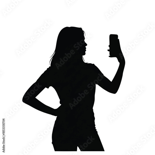 Silhouette of a confident young woman taking a selfie with her smartphone against a clean white background, conveying a modern and carefree mood with a touch of cartoon-like simplicity.