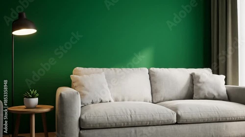 A modern living room features a green wall with a sofa, lamp, small table, and a plant