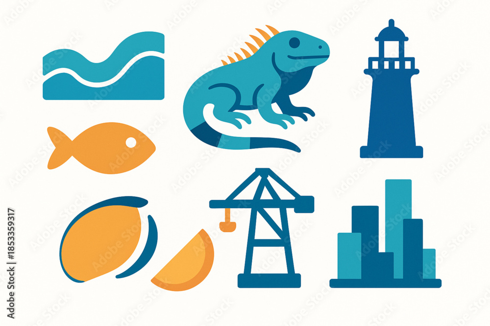 Obraz premium Guayaquil Coastal Icon Set with Riverfront, Iguana, Lighthouse, Fish, Mango, Port Crane and Skyline in Vector