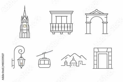 Quito Historic Center Icon Set with Basilica, Colonial Balcony, Plaza Arch, Lantern, Cable Car and Mountains in Vector