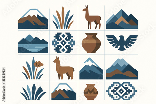 Ecuador Andean Highlands Icon with Chimborazo, Páramo Grass, Vicuña, Alpaca, Mountain Lake, Textile Motif, Clay Pot and Condor
