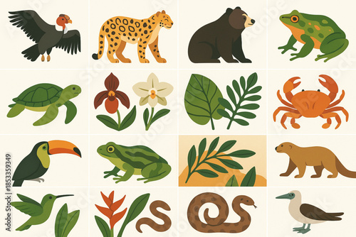 Ecuador Biodiversity Icon with Andean Condor, Jaguar, Spectacled Bear, Giant Frog, Marine Turtle, Orchids and Coastal Crab