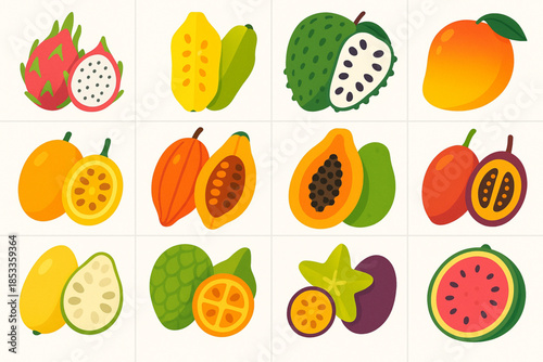 Ecuador Tropical Fruit Icon with Pitahaya, Babaco, Guanábana, Mango, Maracuyá, Cacao, Papaya, Tamarillo and Chirimoya